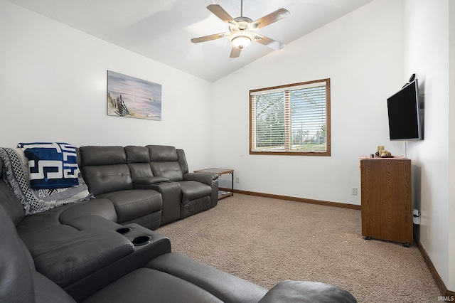 living room with carpet floors, ceiling fan, and lofted ceiling