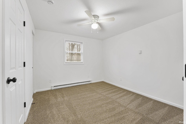 unfurnished bedroom with ceiling fan, carpet floors, and a baseboard heating unit