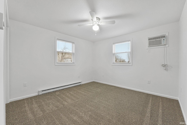 unfurnished room featuring carpet, an AC wall unit, baseboard heating, and ceiling fan