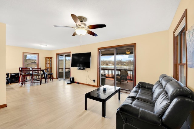 living room featuring ceiling fan and light hardwood / wood-style floors