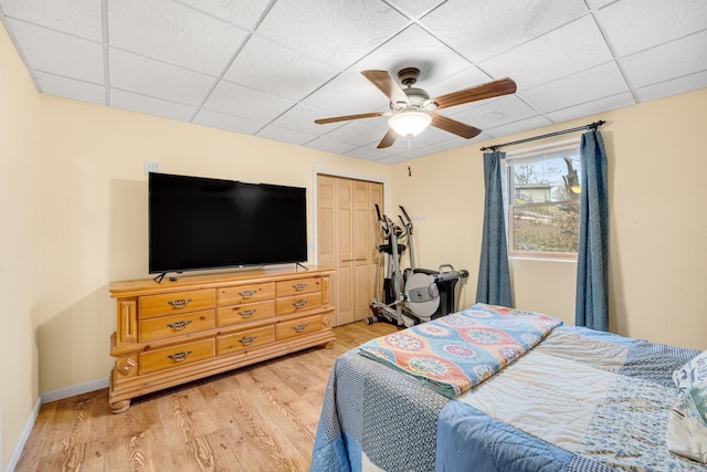 bedroom featuring ceiling fan, a drop ceiling, wood-type flooring, and a closet