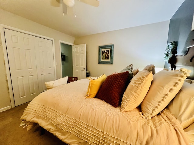 bedroom with carpet, ceiling fan, and a closet