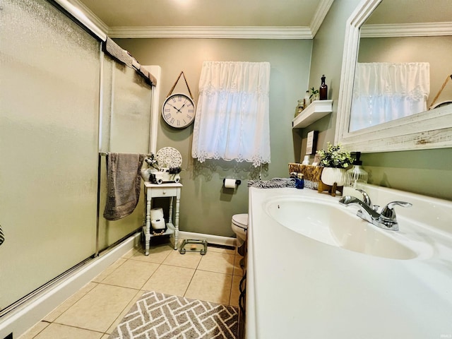 bathroom featuring tile patterned floors, an enclosed shower, toilet, vanity, and ornamental molding