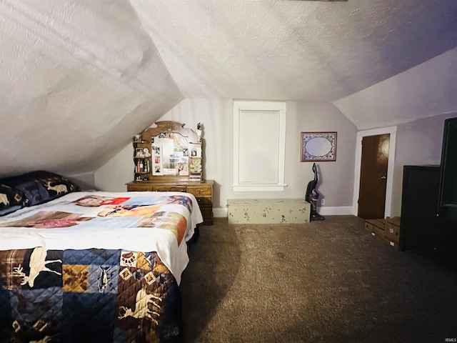 bedroom featuring carpet flooring, a textured ceiling, and vaulted ceiling