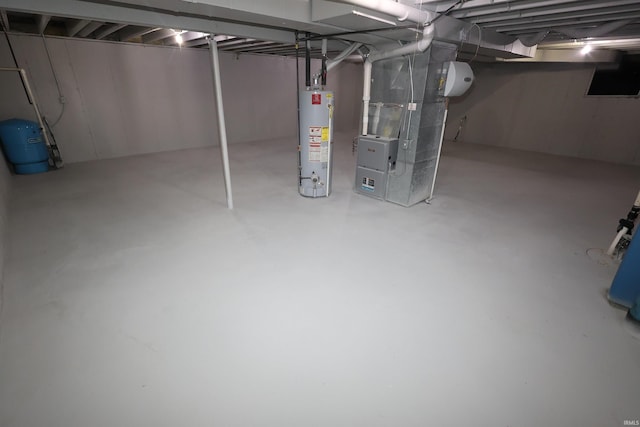 basement with heating unit and water heater