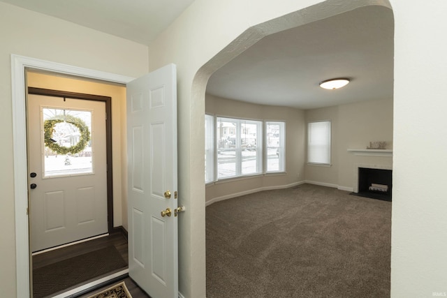 foyer with dark carpet and a wealth of natural light