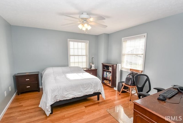 bedroom with ceiling fan and light hardwood / wood-style flooring