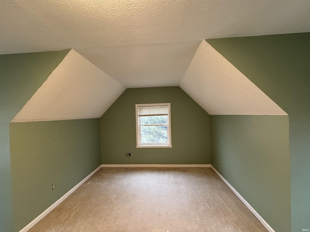 additional living space featuring vaulted ceiling, a textured ceiling, and carpet