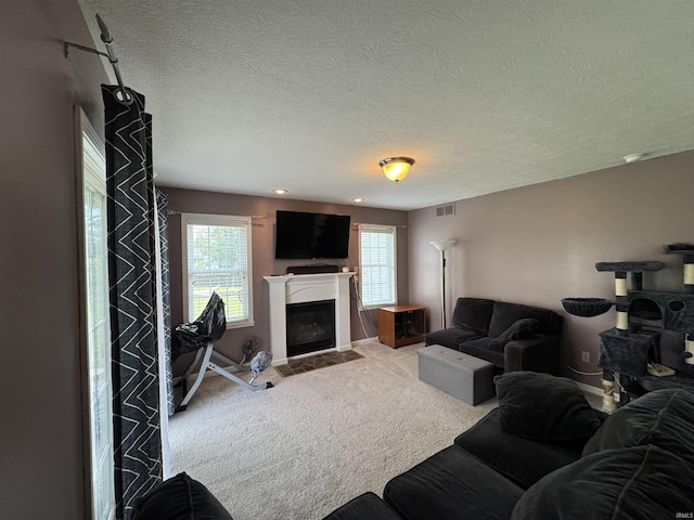 2609 S Isabel Ct, Bloomington, IN 47403 - carpeted living room with a fireplace with flush hearth, a textured ceiling, and baseboards