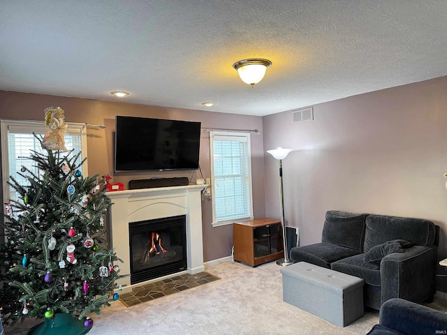 carpeted living room featuring a textured ceiling