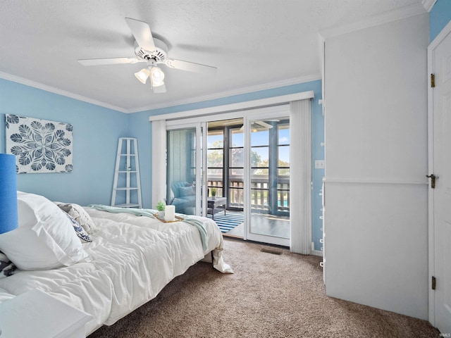 bedroom with carpet, ceiling fan, crown molding, and access to outside