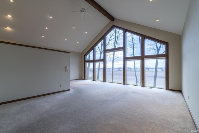 unfurnished living room featuring light carpet, beamed ceiling, high vaulted ceiling, and ceiling fan