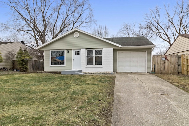 single story home featuring a front yard and a garage