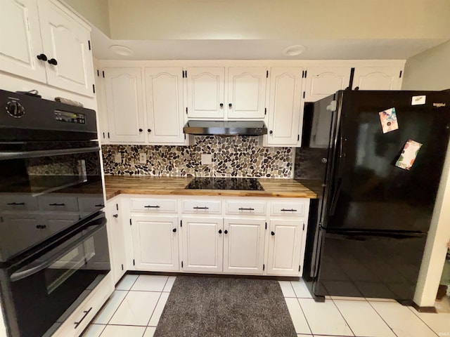 kitchen with black appliances, white cabinetry, backsplash, and light tile patterned floors