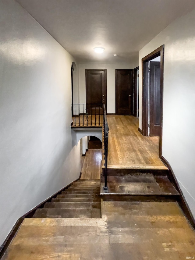 stairway with hardwood / wood-style flooring