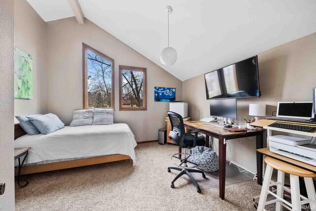 bedroom featuring lofted ceiling with beams and light colored carpet