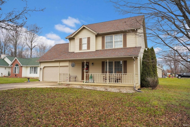 view of front of house with covered porch, a garage, and a front lawn