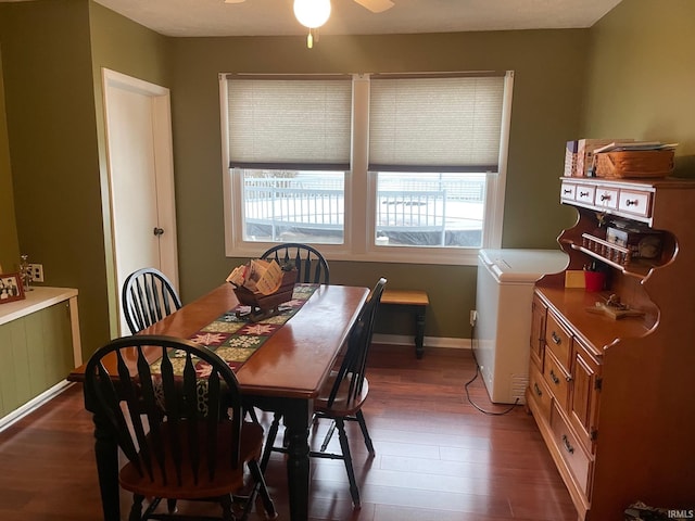 dining space with ceiling fan and dark hardwood / wood-style floors