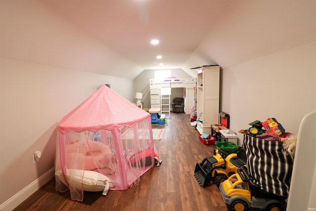 rec room featuring lofted ceiling and dark wood-type flooring