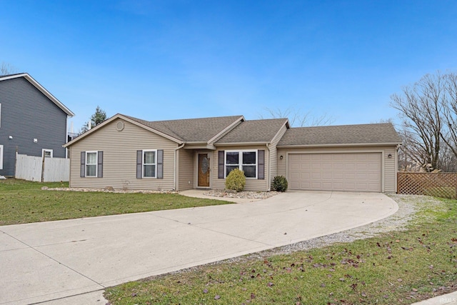 single story home featuring a front yard and a garage