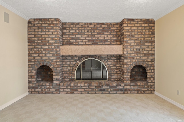 unfurnished living room with a textured ceiling, a brick fireplace, and crown molding