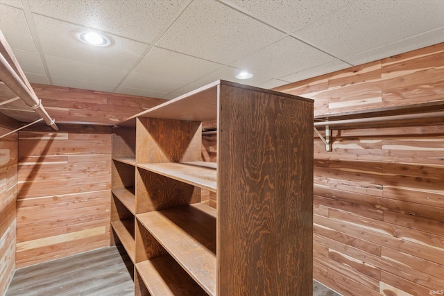 walk in closet with hardwood / wood-style floors and a paneled ceiling