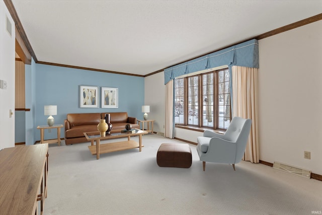 carpeted living room featuring ornamental molding