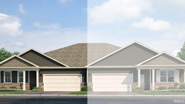 craftsman house with an attached garage, stone siding, and concrete driveway
