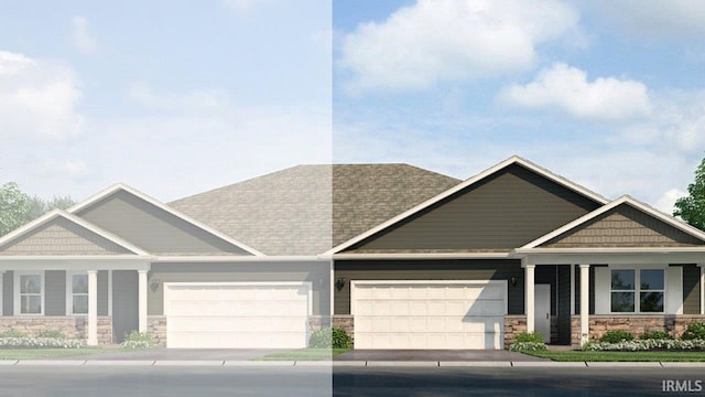 craftsman house with a garage, stone siding, and driveway