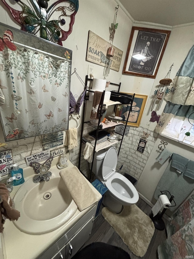 bathroom featuring toilet, walk in shower, crown molding, and sink