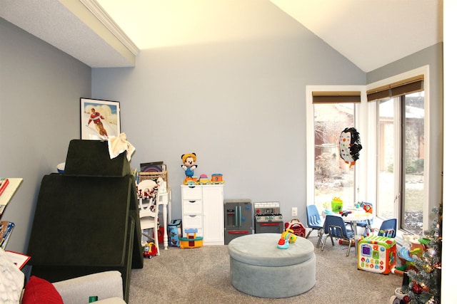 playroom featuring carpet floors, a healthy amount of sunlight, and vaulted ceiling