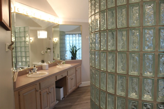 bathroom featuring hardwood / wood-style flooring, vanity, and lofted ceiling