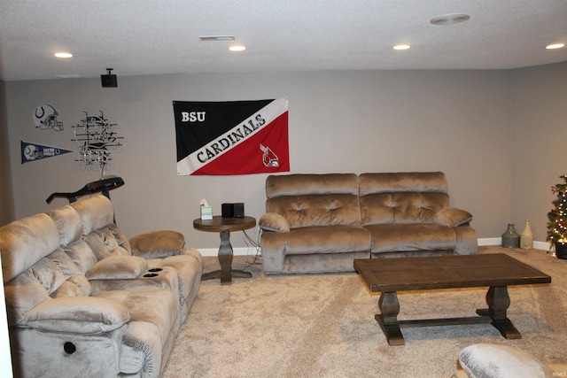 living room with carpet floors and a textured ceiling