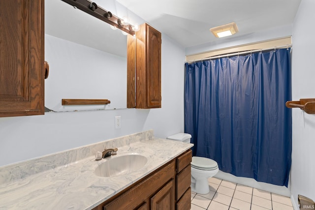 bathroom featuring tile patterned floors, walk in shower, vanity, and toilet