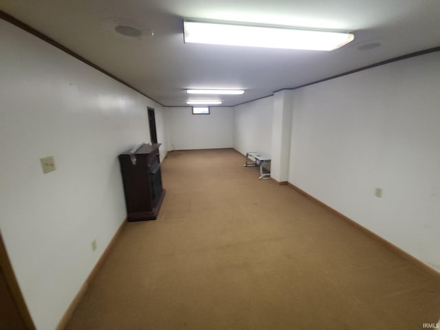 basement with light colored carpet