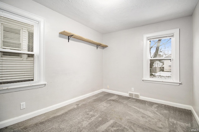 empty room with carpet and a textured ceiling