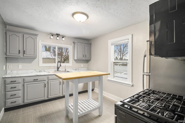 kitchen with a sink, gray cabinets, black gas stove, and a healthy amount of sunlight