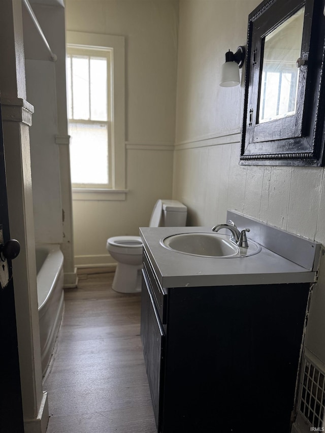 bathroom with hardwood / wood-style flooring, vanity, and toilet