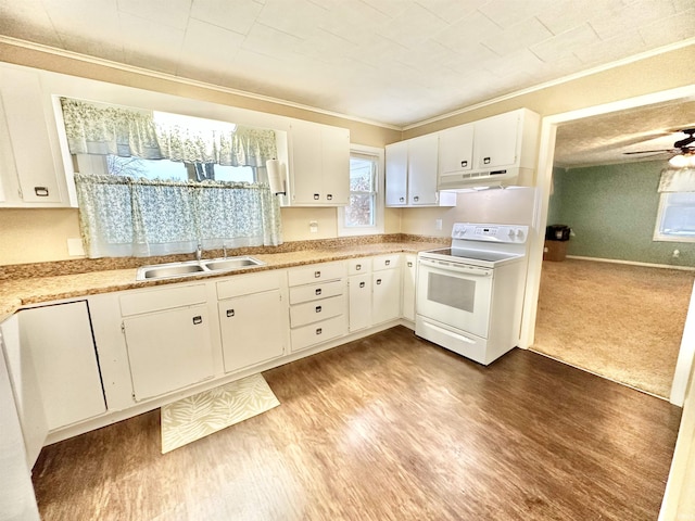 kitchen featuring white cabinets, crown molding, sink, ceiling fan, and white electric range oven