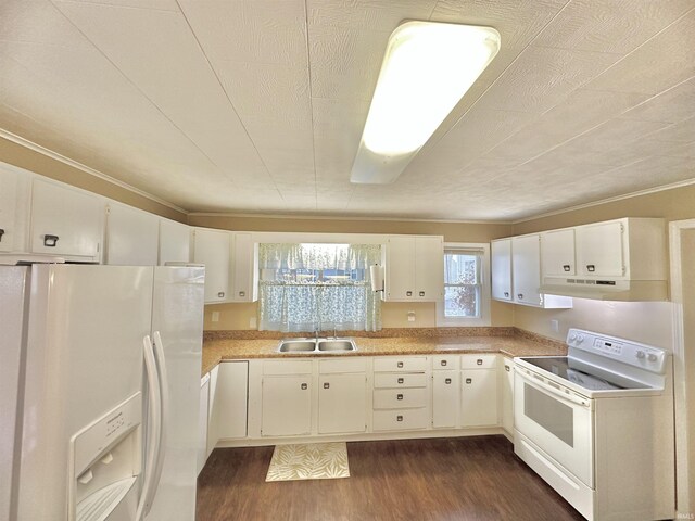 kitchen with white cabinets, white appliances, dark wood-type flooring, and sink