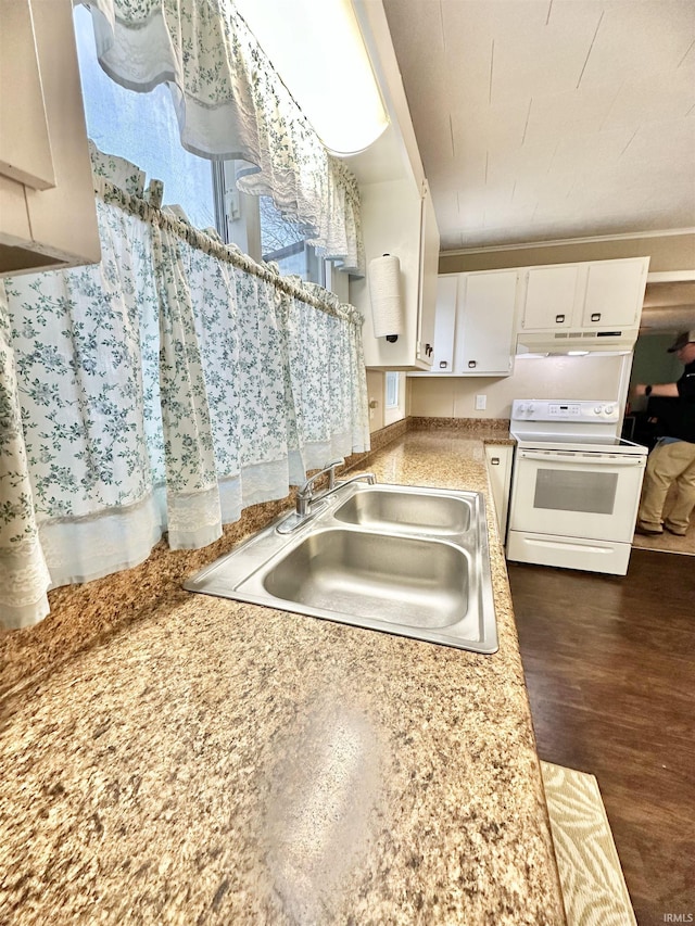 kitchen featuring electric range, white cabinets, sink, and dark wood-type flooring