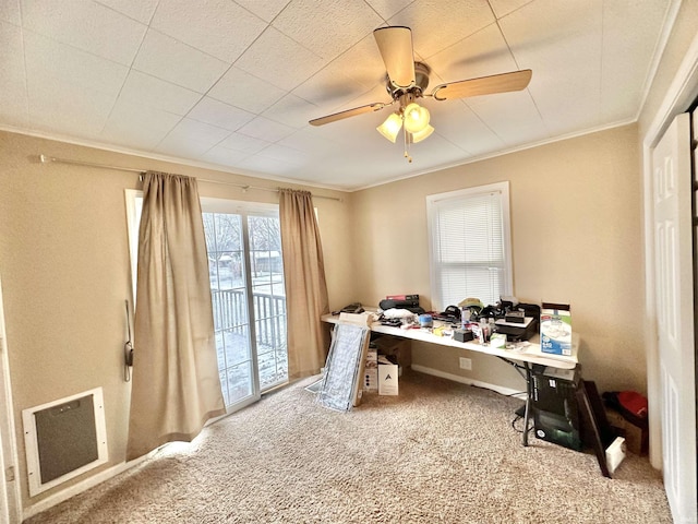 carpeted home office with ceiling fan and ornamental molding