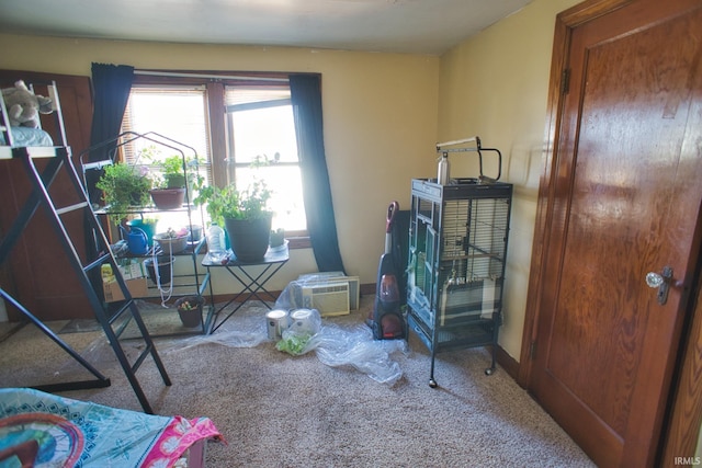 misc room with a wall mounted air conditioner and carpet flooring