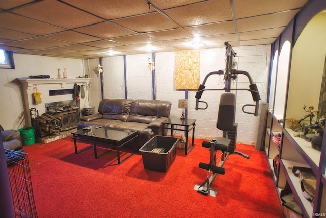 workout room featuring carpet and a paneled ceiling