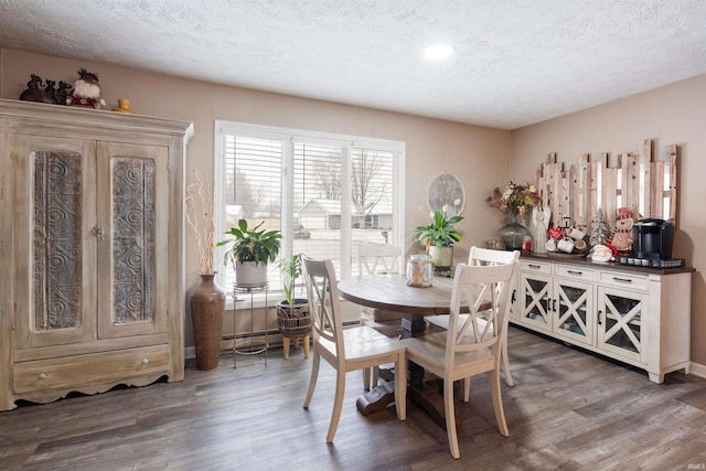 dining area with dark hardwood / wood-style flooring, a textured ceiling, and a baseboard radiator