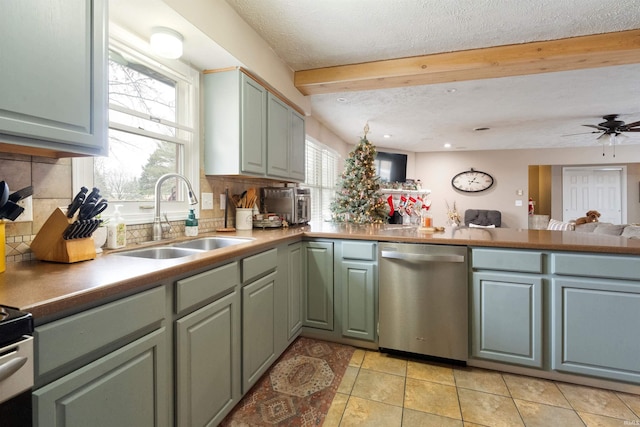 kitchen with backsplash, sink, stainless steel dishwasher, ceiling fan, and kitchen peninsula