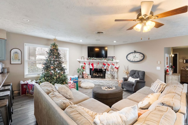 living room with a fireplace, wood-type flooring, and a textured ceiling