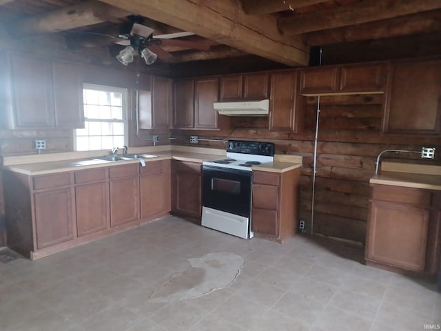 kitchen featuring beam ceiling, electric stove, ceiling fan, and sink