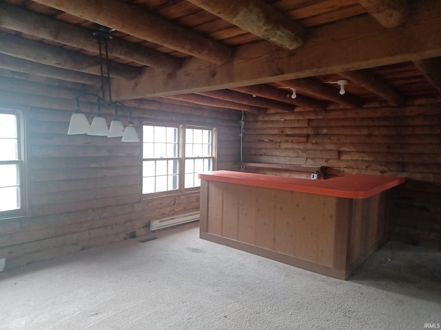 bar featuring beamed ceiling, carpet floors, wooden ceiling, and a baseboard heating unit