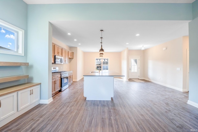 kitchen with pendant lighting, a kitchen island with sink, light wood-type flooring, light brown cabinetry, and stainless steel appliances